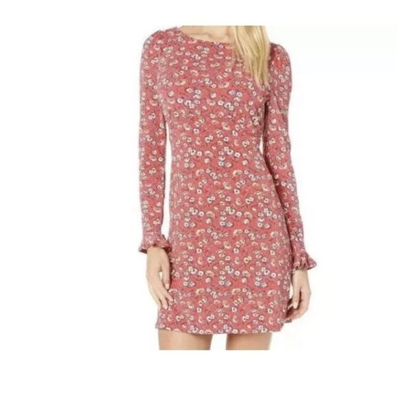 FP  Mini Dress Floral Print Long Ruffle Sleeve Red - Picture 1 of 8